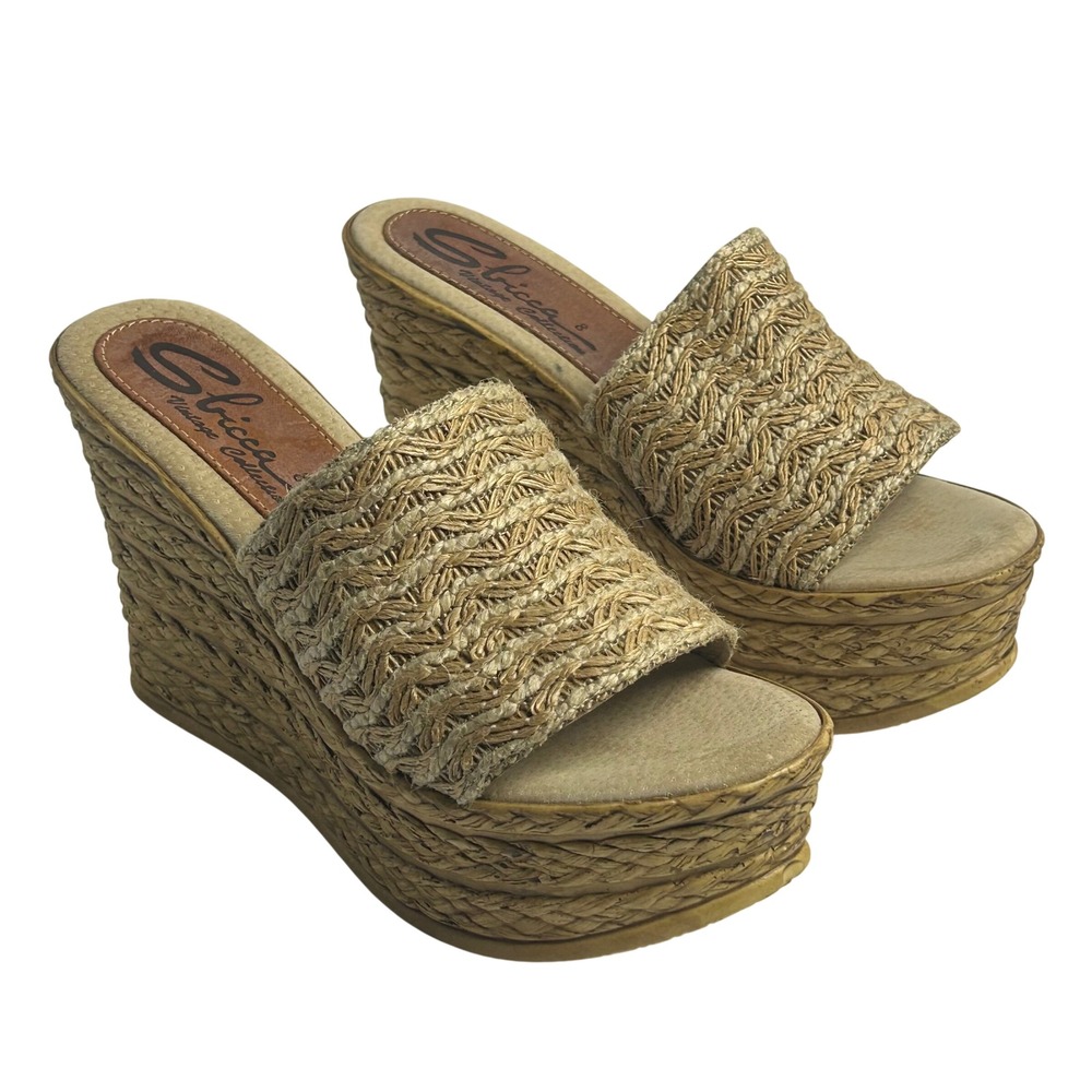 Sbicca Cabana Womens Vintage Natural Raffia Platform Wedge Slide Sandals Size 8